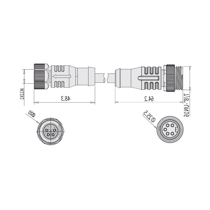 M12 5Pin female straight L-coded 7/8"5Pin male straight A-coded, double-ended pre-cast PVC non-flexible cable, gray sheathing, 64L781-XXX