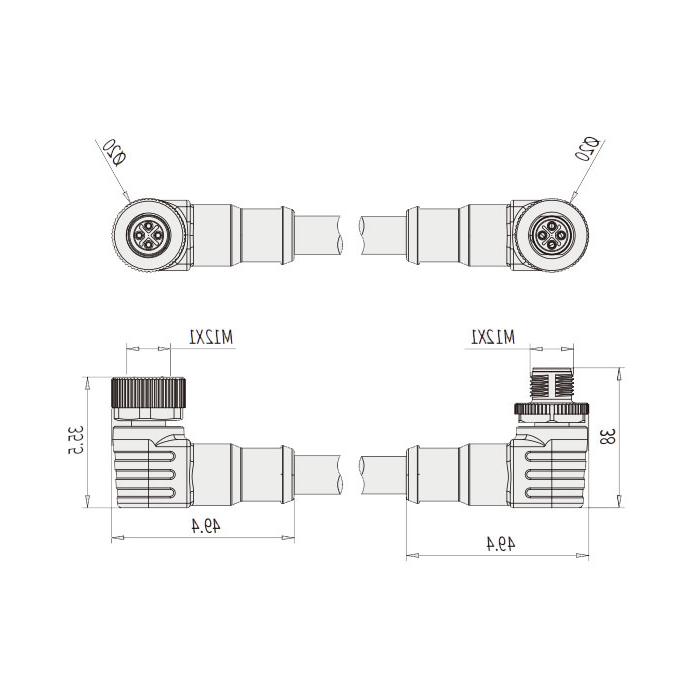 M12 4Pin S-coded, female 90° to male 90°, double-ended precast PUR flexible cable, black sheath, 64SD65-XXX